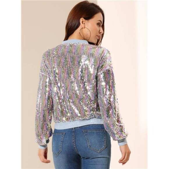 Women's Sequin Jacket Casual Long Sleeve Zipper Fall Winter Shiny - Picture 5 of 5
